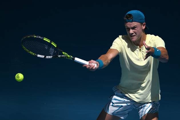 TENNIS AUSTRALIAN OPEN, Holger Rune of Switzerland in action during his match against Ugo Humbert of France during the 2023 Australian Open tennis tournament at Melbourne Park in Melbourne, Wednesday, May 1, 2019. ( NO ARCHIVING, EDITORIAL USE ONLY, NO USE IN BOOKS WITHOUT CONSENT MELBOURNE VICTORIA AUSTRALIA  Copyright: xJAMESxROSSx 20230121001754967671