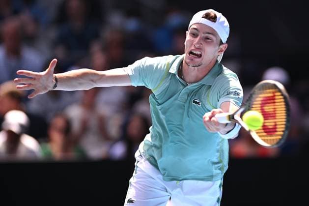 TENNIS AUSTRALIAN OPEN, Ugo Humbert of France in action during his match against Holger Rune of Switzerland during the 2023 Australian Open tennis tournament at Melbourne Park in Melbourne, Wednesday, May 1, 2019. ( NO ARCHIVING, EDITORIAL USE ONLY, NO USE IN BOOKS WITHOUT CONSENT MELBOURNE VICTORIA AUSTRALIA  Copyright: xJAMESxROSSx 20230121001754981759