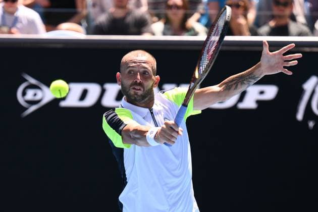 Mandatory Credit: Photo by James Gourley Shutterstock (13728737v) Dan Evans in action during his third round match Australian Open, Day Six, Tennis, Melbourne Park, Melbourne, Australia - 21 Jan 2023 Australian Open, Day Six, Tennis, Melbourne Park, Melbourne, Australia - 21 Jan 2023 Copyright: xJamesxGourley Shutterstockx 13728737v