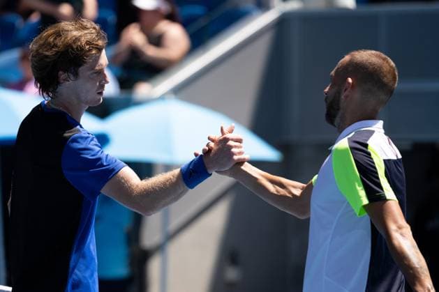 Andrey Rublev celebrates defeating Daniel Evans of United Kingdom 6-4 6-2 6-3 in the round 3 match between Andrey Rublev and Daniel Evans of United Kingdom, Day 6 at the Australian Open Tennis 2023 at Margaret Court Arena, Melbourne, Australia on 21 January 2023. Copyright: xPeterxDovganx 34781387