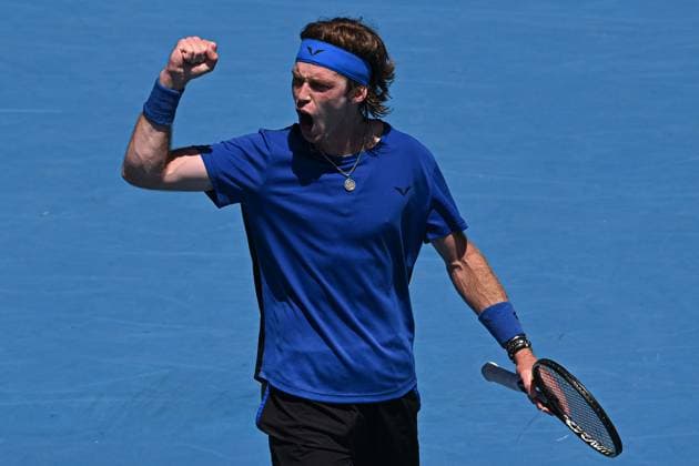 Mandatory Credit: Photo by James Gourley Shutterstock (13728737by) Andrey Rublev celebrates during his third round match Australian Open, Day Six, Tennis, Melbourne Park, Melbourne, Australia - 21 Jan 2023 Australian Open, Day Six, Tennis, Melbourne Park, Melbourne, Australia - 21 Jan 2023 Copyright: xJamesxGourley Shutterstockx 13728737by
