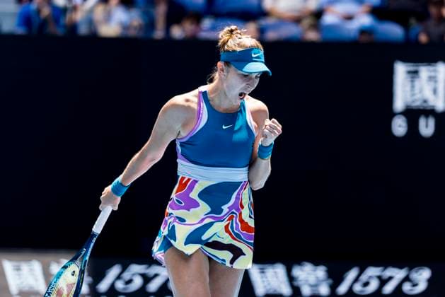 MELBOURNE, VIC - JANUARY 21: Belinda Bencic of Switzerland celebrates during Round 3 of the 2023 Australian Open on January 21 2023, at Melbourne Park in Melbourne, Australia. (Photo by Jason Heidrich Icon Sportswire) TENNIS: JAN 21 Australian Open Icon230121030