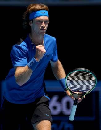 Mandatory Credit: Photo by Ella Ling Shutterstock (13728748z) Andrey Rublev of Russia celebrates Australian Open, Day Six, Tennis, Melbourne Park, Melbourne, Australia - 21 Jan 2023 Australian Open, Day Six, Tennis, Melbourne Park, Melbourne, Australia - 21 Jan 2023 Copyright: xEllaxLing Shutterstockx 13728748z