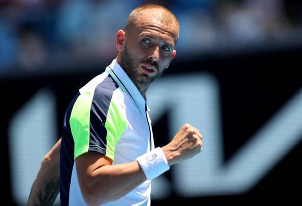 Mandatory Credit: Photo by Ella Ling Shutterstock (13728748az) Dan Evans of GBR celebrates Australian Open, Day Six, Tennis, Melbourne Park, Melbourne, Australia - 21 Jan 2023 Australian Open, Day Six, Tennis, Melbourne Park, Melbourne, Australia - 21 Jan 2023 Copyright: xEllaxLing Shutterstockx 13728748az