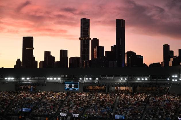 TENNIS AUSTRALIAN OPEN, The Melbourne skyline is seen at dusk during the Novak Djokovic of Serbia match against Grigor Dimitrov of Bulgaria during the 2023 Australian Open tennis tournament at Melbourne Park in Melbourne, Friday, January 1, 2021. ( NO ARCHIVING, EDITORIAL USE ONLY, NO USE IN BOOKS WITHOUT CONSENT MELBOURNE VICTORIA AUSTRALIA  Copyright: xLUKASxCOCHx 20230121001755028873