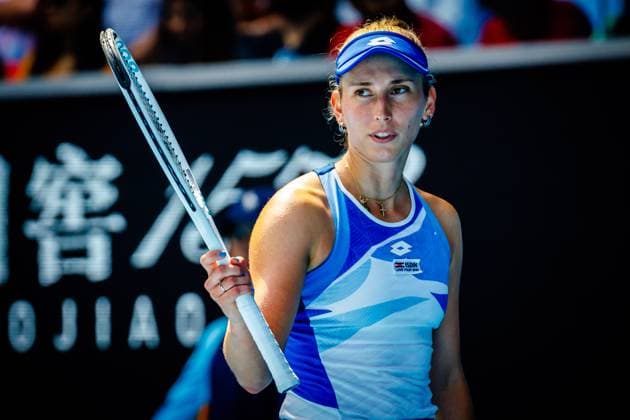Elise Mertens WTA, Tennis Damen 32) pictured during a women s singles third round match between Belgian Mertens (WTA 27) and Belarus Sabalenka (WTA 5) at the Australian Open tennis Grand Slam, Saturday 21 January 2023 in Melbourne Park, Melbourne, Australia. PATRICKxHAMILTON  x58589196x
