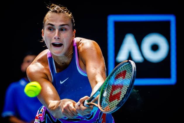 Aryna Sabalenka ATP, Tennis Herren 5) pictured during a women s singles third round match between Belgian Mertens WTA, Tennis Damen 27) and Belarus Sabalenka (WTA 5) at the Australian Open tennis Grand Slam, Saturday 21 January 2023 in Melbourne Park, Melbourne, Australia. PATRICKxHAMILTON  x58589247x