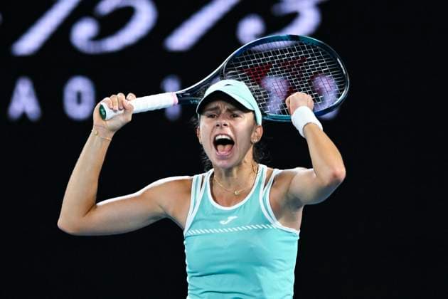 TENNIS AUSTRALIAN OPEN, Magda Linette of Poland celebrates after winning her match against Ekaterina Alexandrova of Russia during the 2023 Australian Open tennis tournament at Melbourne Park in Melbourne, Saturday, January 21, 2023. ( NO ARCHIVING, EDITORIAL USE ONLY, NO USE IN BOOKS WITHOUT CONSENT MELBOURNE VICTORIA AUSTRALIA  Copyright: xLUKASxCOCHx 20230122001755093829