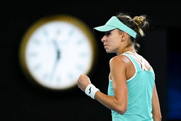 TENNIS AUSTRALIAN OPEN, Magda Linette of Poland reacts during her match against Ekaterina Alexandrova of Russia during the 2023 Australian Open tennis tournament at Melbourne Park in Melbourne, Saturday, January 21, 2023. ( NO ARCHIVING, EDITORIAL USE ONLY, NO USE IN BOOKS WITHOUT CONSENT MELBOURNE VICTORIA AUSTRALIA  Copyright: xLUKASxCOCHx 20230122001755093971
