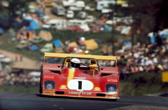 im 1000km-Rennen 1973 siegt der Ferrari 312 PB von Jack Ick und Brian Redman hier fotografiert in der Auffahrt zum Karussel als Brian Redman am Steuer ist *** in the 1000km race 1973 the Ferrari 312 PB of Jack Ick and Brian Redman wins here photographed in the driveway to the carousel as Brian Redman is at the wheel