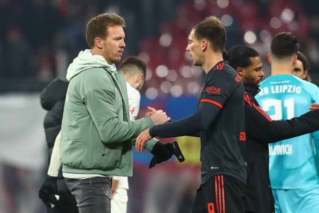 20 01 2023, xtgx, football 1 Bundesliga, RB Leipzig FC Bayern Muenchen emspor, v l Julian Nagelsmann Bayern Muenchen, coach , Leon Goretzka Bayern Muenchen, 8 DFL DFB REGULATIONS PROHIBIT ANY USE OF PHOTOGRAPHS as IMAGE SEQUENCES and or QUASI VIDEO Leipzig
