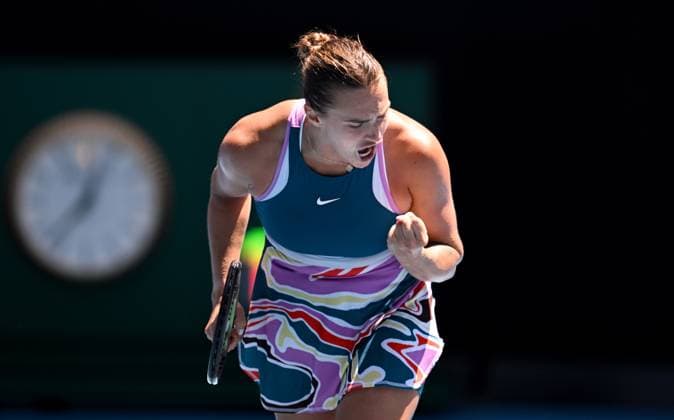 TENNIS AUSTRALIAN OPEN, Aryna Sabalenka of Belarus celebrates her win against Belinda Bencic of Switzerland during their fourth round match at 2023 Australian Open tennis championship at Melbourne Park in Melbourne, Monday, January 23, 2023. ( NO ARCHIVING, EDITORIAL USE ONLY, NO USE IN BOOKS WITHOUT CONSENT MELBOURNE VICTORIA AUSTRALIA  Copyright: xJAMESxROSSx 20230123001755748551