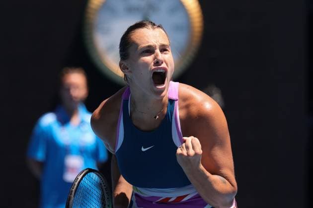 Aryna Sabalenka reacts after defeating Belinda Bencic of Switzerland 7-5 6-2 during round 4 match Day 8 at the Australian Open Tennis 2023 at Rod Laver Arena, Melbourne, Australia on 23 January 2023. Copyright: xPeterxDovganx 34781737