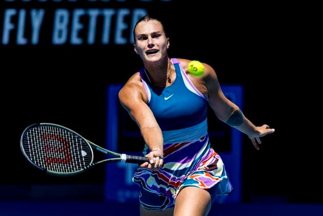 MELBOURNE, VIC - JANUARY 23: Aryna Sablenka of Belarus in action during Round 4 of the 2023 Australian Open on January 23 2023, at Melbourne Park in Melbourne, Australia. (Photo by Jason Heidrich Icon Sportswire) TENNIS: JAN 23 Australian Open Icon230123011