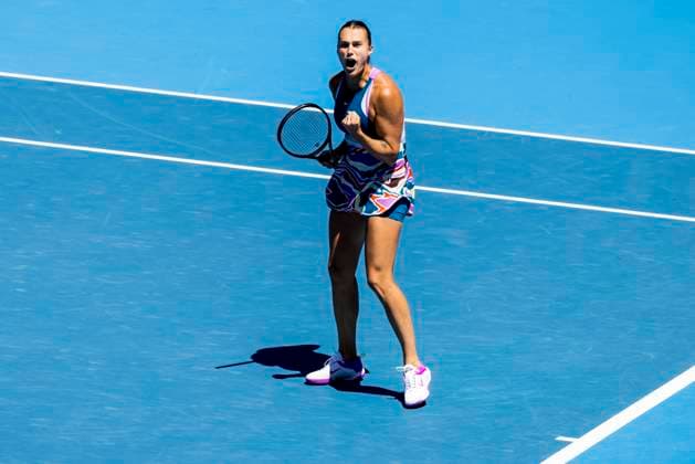 MELBOURNE, VIC - JANUARY 23: Aryna Sablenka of Belarus celebrates during Round 4 of the 2023 Australian Open on January 23 2023, at Melbourne Park in Melbourne, Australia. (Photo by Jason Heidrich Icon Sportswire) TENNIS: JAN 23 Australian Open Icon230123038