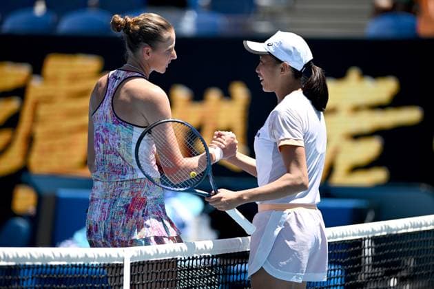 TENNIS AUSTRALIAN OPEN, Karolina Pliskova of the Czech Republic (left) celebrates her fourth round win against Shuai Zhang of China at the 2023 Australian Open tennis championship at Melbourne Park in Melbourne, Monday, January 23, 2023. ( NO ARCHIVING, EDITORIAL USE ONLY, NO USE IN BOOKS WITHOUT CONSENT MELBOURNE VICTORIA AUSTRALIA  Copyright: xJOELxCARRETTx 20230123001755766588