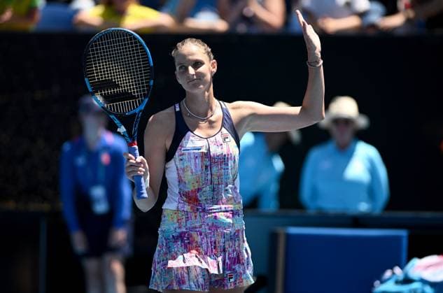 TENNIS AUSTRALIAN OPEN, Karolina Pliskova of the Czech Republic celebrates her fourth round win against Shuai Zhang of China at the 2023 Australian Open tennis championship at Melbourne Park in Melbourne, Monday, January 23, 2023. ( NO ARCHIVING, EDITORIAL USE ONLY, NO USE IN BOOKS WITHOUT CONSENT MELBOURNE VICTORIA AUSTRALIA  Copyright: xJOELxCARRETTx 20230123001755767396