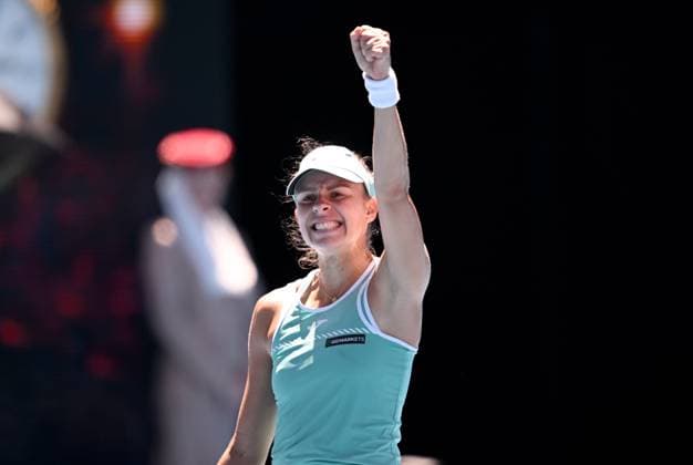 TENNIS AUSTRALIAN OPEN, Magda Linette of Poland reacts after winning her fourth round match against Caroline Garcia of France at 2023 Australian Open tennis championship at Melbourne Park in Melbourne, Monday, January 23, 2023. ( NO ARCHIVING, EDITORIAL USE ONLY, NO USE IN BOOKS WITHOUT CONSENT MELBOURNE VICTORIA AUSTRALIA  Copyright: xJAMESxROSSx 20230123001755776282