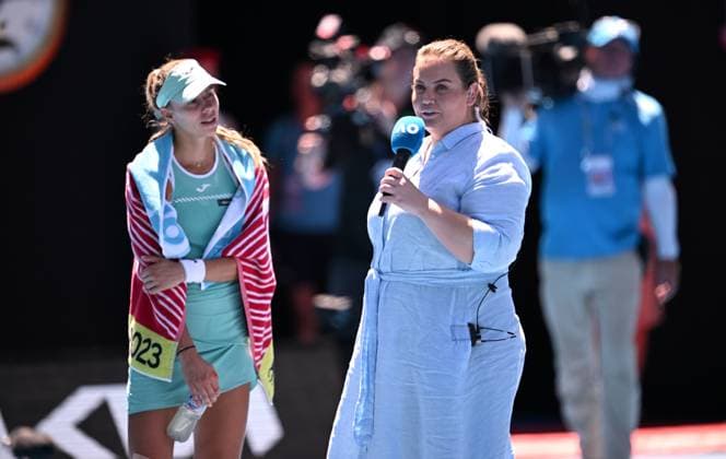 TENNIS AUSTRALIAN OPEN, Former player turned television comentator Jelena Dokic is seen interviewing Donna Vekic of Croatia following her fourth round win at the 2023 Australian Open tennis championship at Melbourne Park in Melbourne, Monday, January 23, 2023. ( NO ARCHIVING, EDITORIAL USE ONLY, NO USE IN BOOKS WITHOUT CONSENT MELBOURNE VICTORIA AUSTRALIA  Copyright: xLUKASxCOCHx 20230123001755779763