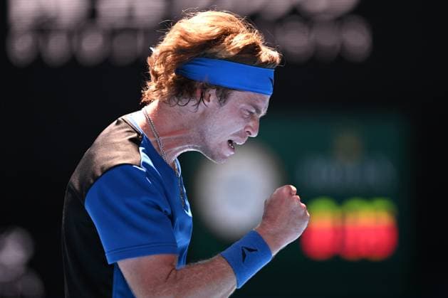 TENNIS AUSTRALIAN OPEN, Andrey Rublev of Russia wins a point against Holger Rune of Denmark during their fourth round match at 2023 Australian Open tennis championship at Melbourne Park in Melbourne, Monday, January 23. ( NO ARCHIVING, EDITORIAL USE ONLY, NO USE IN BOOKS WITHOUT CONSENT MELBOURNE VICTORIA AUSTRALIA  Copyright: xJAMESxROSSx 20230123001755786176