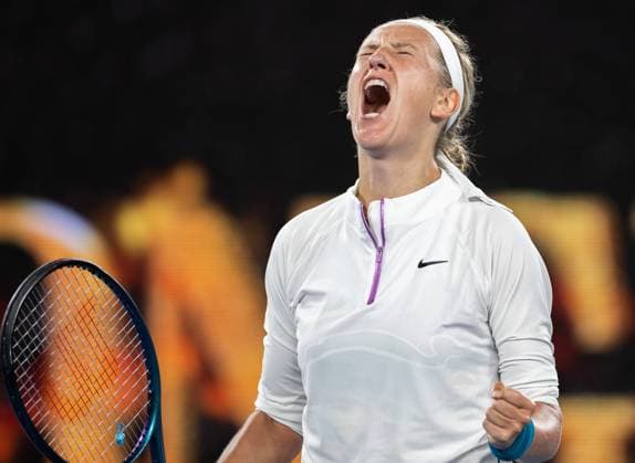 (230123) -- MELBOURNE, Jan. 23, 2023 -- Victoria Azarenka of Belarus celebrates after the women s singles 4th round match against Zhu Lin of China at Australian Open in Melbourne Park in Melbourne, Australia, Jan. 22, 2023. (Photo by Xinhua) (SP)AUSTRALIA-MELBOURNE-TENNIS-AUSTRALIAN OPEN-DAY 7 HuxJingchen 