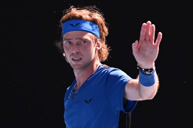 TENNIS AUSTRALIAN OPEN, Andrey Rublev of Russia gestures to Holger Rune of Denmark during their fourth round match at 2023 Australian Open tennis championship at Melbourne Park in Melbourne, Monday, January 23. ( NO ARCHIVING, EDITORIAL USE ONLY, NO USE IN BOOKS WITHOUT CONSENT MELBOURNE VICTORIA AUSTRALIA  Copyright: xJAMESxROSSx 20230123001755790703