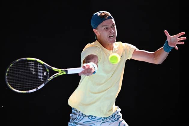 TENNIS AUSTRALIAN OPEN, Holger Rune of Denmark in action against Andrey Rublev of Russia during their fourth round match at 2023 Australian Open tennis championship at Melbourne Park in Melbourne, Monday, January 23. ( NO ARCHIVING, EDITORIAL USE ONLY, NO USE IN BOOKS WITHOUT CONSENT MELBOURNE VICTORIA AUSTRALIA  Copyright: xJAMESxROSSx 20230123001755797671