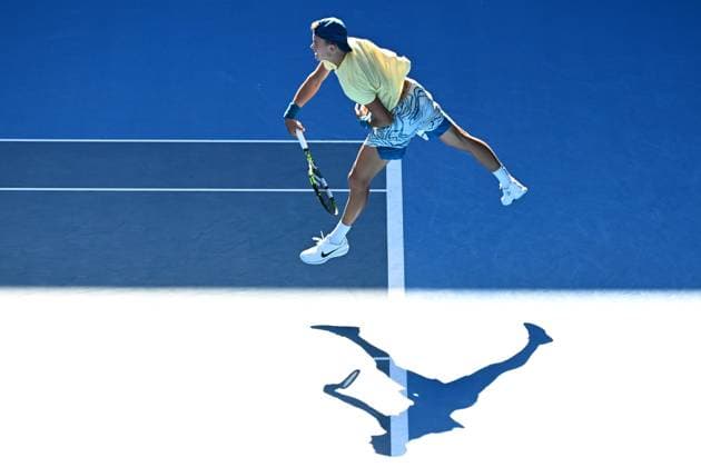 TENNIS AUSTRALIAN OPEN, Holger Rune of Denmark serves against Andrey Rublev of Russia during their fourth round match at 2023 Australian Open tennis championship at Melbourne Park in Melbourne, Monday, January 23. ( NO ARCHIVING, EDITORIAL USE ONLY, NO USE IN BOOKS WITHOUT CONSENT MELBOURNE VICTORIA AUSTRALIA  Copyright: xLUKASxCOCHx 20230123001755802244