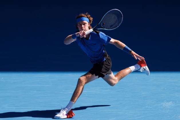 January 23, 2023: 5th seed ANDREY RUBLEV of the Russian Federation in action against 9th seed HOLGER RUNE of Denmark on Rod Laver Arena in a Men s Singles 4th round match on day 8 of the 2023 Australian Open in Melbourne, Australia. Cal Media USA - ZUMAc04_ 20230123_zaf_c04_060 Copyright: xSydneyxLowx