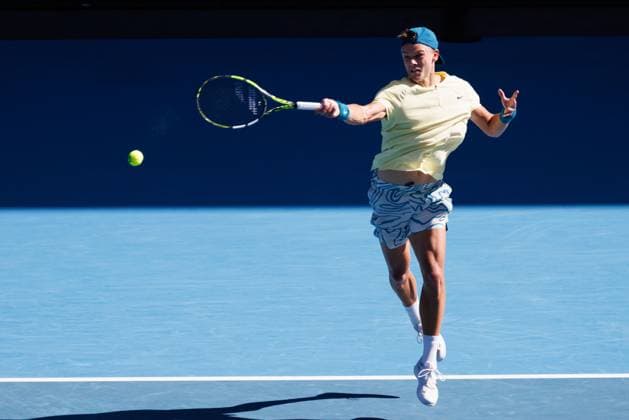 January 23, 2023: 9th seed HOLGER RUNE of Denmark in action against 5th seed ANDREY RUBLEV of the Russian Federation on Rod Laver Arena in a Men s Singles 4th round match on day 8 of the 2023 Australian Open in Melbourne, Australia. Cal Media USA - ZUMAc04_ 20230123_zaf_c04_063 Copyright: xSydneyxLowx