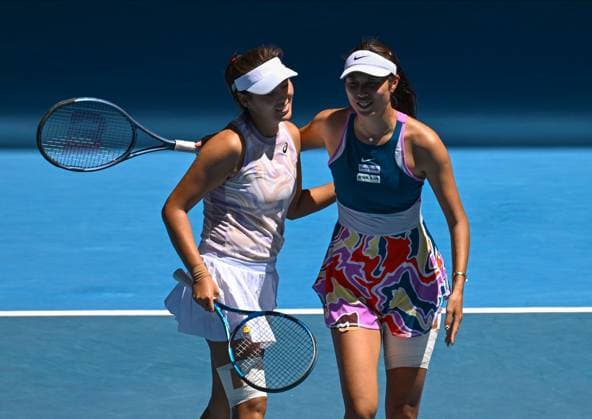 (230123) -- MELBOURNE, Jan. 23, 2023 -- Yang Zhaoxuan (L) Chan Hao-ching react during the women s doubles third round match against Anhelina Kalinina Alison Van Uytvanck at Australian Open in Melbourne Park, in Melbourne, Australia, Jan. 23, 2023. ) (SP)AUSTRALIA-MELBOURNE-TENNIS-AUSTRALIAN OPEN-DAY 8 GuoxLei 