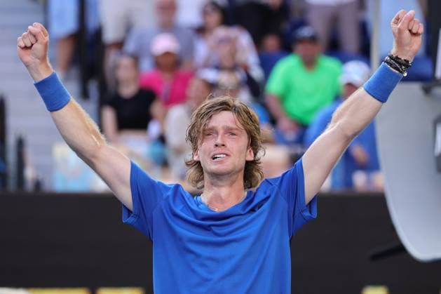 Andrey Rublev reacts to defeating Holger Rune of Denmark 6-3 3-6 6-3 4-6 7-6, Day 8 at the Australian Open Tennis 2023 at Rod Laver Arena, Melbourne, Australia on 23 January 2023. Copyright: xPeterxDovganx 34781805