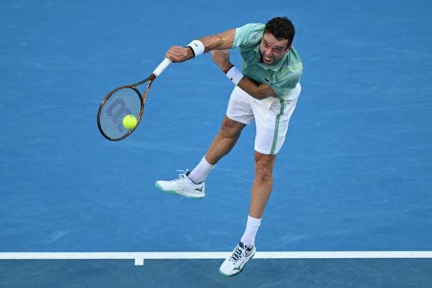 TENNIS AUSTRALIAN OPEN, Roberto Bautista Agut of Spain serves during his match against Tommy Paul of the United States during the 2023 Australian Open tennis tournament at Melbourne Park in Melbourne, Monday, January 23. ( NO ARCHIVING, EDITORIAL USE ONLY, NO USE IN BOOKS WITHOUT CONSENT MELBOURNE VICTORIA AUSTRALIA  Copyright: xLUKASxCOCHx 20230123001755809153