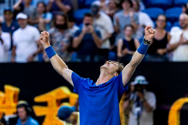 MELBOURNE, VIC - JANUARY 23: Andrey Rublev of Russia celebrates after winning his match during Round 4 of the 2023 Australian Open on January 23 2023, at Melbourne Park in Melbourne, Australia. (Photo by Jason Heidrich Icon Sportswire) TENNIS: JAN 23 Australian Open Icon230123139