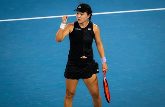 January 23, 2023, MELBOURNE, AUSTRALIA: Lin Zhu of China in action during the fourth round at the 2023 Australian Open Grand Slam tennis tournament MELBOURNE AUSTRALIA - ZUMAa181 20230123_zaa_a181_002 Copyright: xRobxPrangex