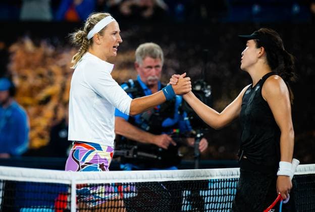 January 23, 2023, MELBOURNE, AUSTRALIA: Victoria Azarenka of Belarus & Lin Zhu of China in action during the fourth round of the 2023 Australian Open Grand Slam tennis tournament MELBOURNE AUSTRALIA - ZUMAa181 20230123_zaa_a181_012 Copyright: xRobxPrangex