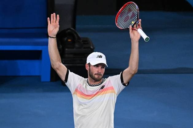 TENNIS AUSTRALIAN OPEN, Tommy Paul of the United States celebrates after winning during his match against Roberto Bautista Agut of Spain during the 2023 Australian Open tennis tournament at Melbourne Park in Melbourne, Monday, January 23, 2023. ( NO ARCHIVING, EDITORIAL USE ONLY, NO USE IN BOOKS WITHOUT CONSENT MELBOURNE VICTORIA AUSTRALIA  Copyright: xLUKASxCOCHx 20230123001755827210