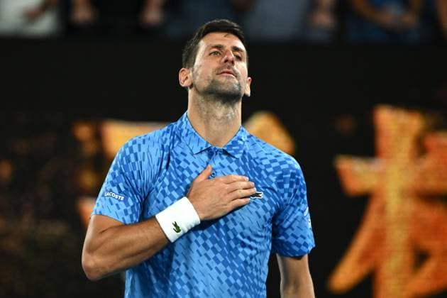 TENNIS AUSTRALIAN OPEN, Novak Djokovic of Serbia celebrates after winning his match against Alex de Minaur of Australia during the 2023 Australian Open tennis tournament at Melbourne Park in Melbourne, Monday, January 23, 2023. ( NO ARCHIVING, EDITORIAL USE ONLY, NO USE IN BOOKS WITHOUT CONSENT MELBOURNE VICTORIA AUSTRALIA  Copyright: xJOELxCARRETTx 20230123001755830081
