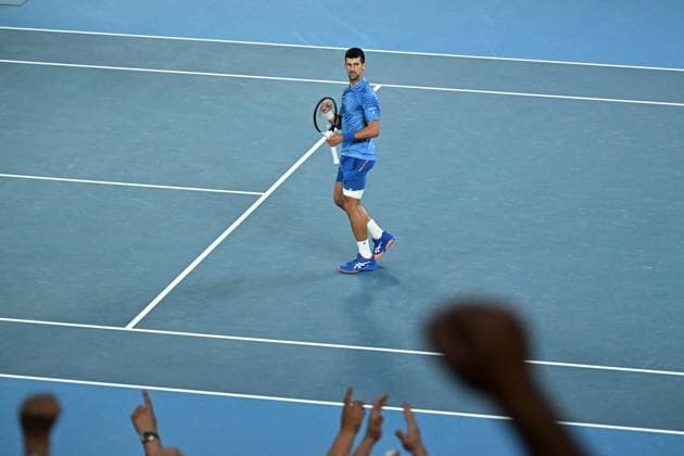 TENNIS AUSTRALIAN OPEN, Novak Djokovic of Serbia celebrates after winning his match against Alex de Minaur of Australia during the 2023 Australian Open tennis tournament at Melbourne Park in Melbourne, Monday, January 23, 2023. ( NO ARCHIVING, EDITORIAL USE ONLY, NO USE IN BOOKS WITHOUT CONSENT MELBOURNE VICTORIA AUSTRALIA  Copyright: xLUKASxCOCHx 20230123001755831148