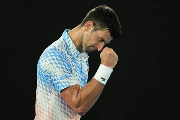 Novak Djokovic of Serbia reacts to defeating Alex de Minaur of Australia 6-2 6-1 6-2 Day 8 at the Australian Open Tennis 2023 at Rod Laver Arena, Melbourne, Australia on 23 January 2023. Copyright: xPeterxDovganx 34781875