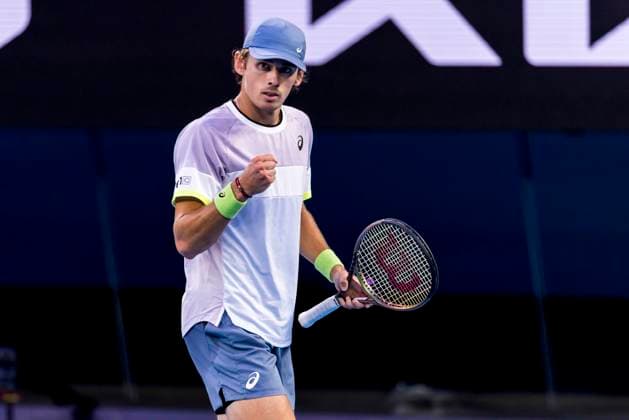 MELBOURNE, VIC - JANUARY 23: Alex De Minaur of Australia celebrates during Round 4 of the 2023 Australian Open on January 23 2023, at Melbourne Park in Melbourne, Australia. (Photo by Jason Heidrich Icon Sportswire) TENNIS: JAN 23 Australian Open Icon230123189