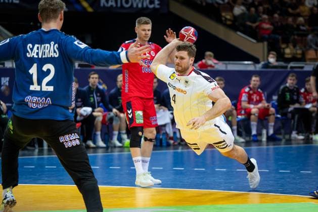 Handball Katowice 23 01 2023 World Championship Handball World Championship Men Main Round Germany GER Norway NOR Johannes Golla Germany, No 04 SAEVERAS Kristian Norway, No 12