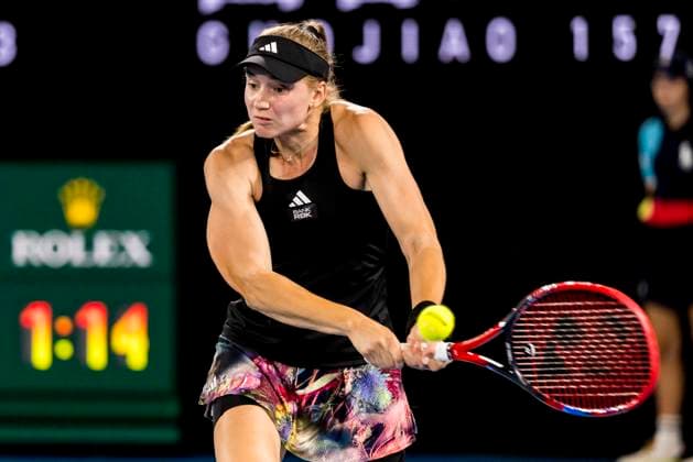 MELBOURNE, VIC - JANUARY 24: Elena Rybakina of Kazakhstan in action during the Quarterfinals of the 2023 Australian Open on January 24 2023, at Melbourne Park in Melbourne, Australia. (Photo by Jason Heidrich Icon Sportswire)MELBOURNE, VIC - JANUARY 24: TENNIS: JAN 24 Australian Open Icon230124024