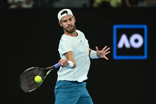 TENNIS AUSTRALIAN OPEN, Karen Khachanov in action during his Quarterfinal match against Sebastian Korda of the USA at the 2023 Australian Open tennis tournament at Melbourne Park in Melbourne, Tuesday, January 24, 2023. ( NO ARCHIVING, EDITORIAL USE ONLY, NO USE IN BOOKS WITHOUT CONSENT MELBOURNE VICTORIA AUSTRALIA  Copyright: xJOELxCARRETTx 20230124001756045972