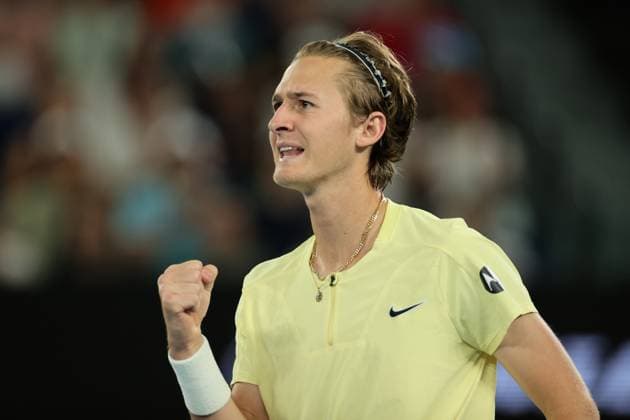 Sebastian Korda of USA reacts against Karen Khachanov during the Quarter Final match, Day 9 at the Australian Open Tennis 2023 at Rod Laver Arena, Melbourne, Australia on 24 January 2023. Copyright: xPeterxDovganx 34781961