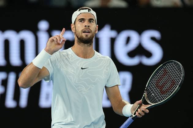 Karen Khachanov ireacts after winning first set 7-6 against Sebastian Korda of USA during the Quarter Final match, Day 9 at the Australian Open Tennis 2023 at Rod Laver Arena, Melbourne, Australia on 24 January 2023. Copyright: xPeterxDovganx 34781967