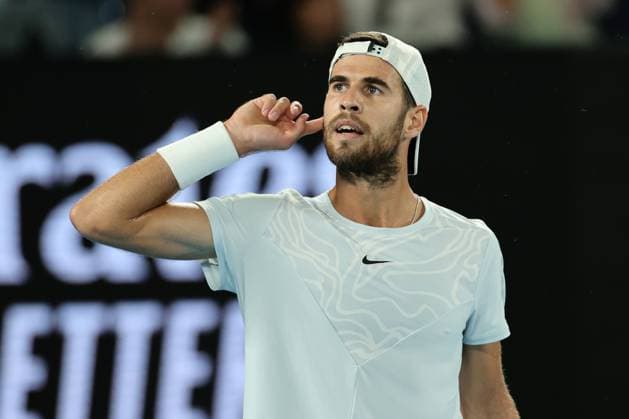 Karen Khachanov ireacts after winning first set 7-6 against Sebastian Korda of USA during the Quarter Final match, Day 9 at the Australian Open Tennis 2023 at Rod Laver Arena, Melbourne, Australia on 24 January 2023. Copyright: xPeterxDovganx 34781968