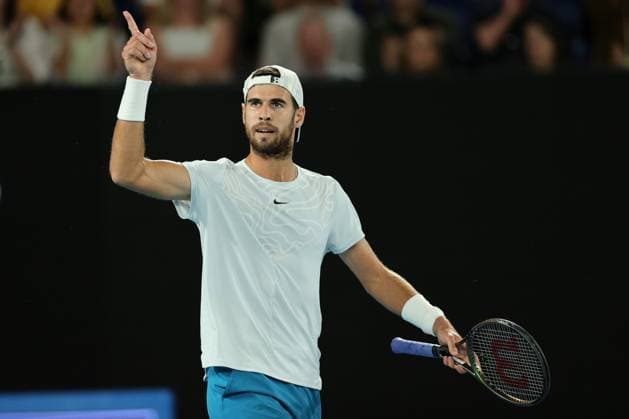 Karen Khachanov ireacts after winning first set 7-6 against Sebastian Korda of USA during the Quarter Final match, Day 9 at the Australian Open Tennis 2023 at Rod Laver Arena, Melbourne, Australia on 24 January 2023. Copyright: xPeterxDovganx 34781969