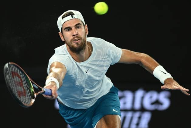 TENNIS AUSTRALIAN OPEN, Karen Khachanov in action during his Quarterfinal match against Sebastian Korda of the USA at the 2023 Australian Open tennis tournament at Melbourne Park in Melbourne, Tuesday, January 24, 2023. ( NO ARCHIVING, EDITORIAL USE ONLY, NO USE IN BOOKS WITHOUT CONSENT MELBOURNE VICTORIA AUSTRALIA  Copyright: xJOELxCARRETTx 20230124001756059239