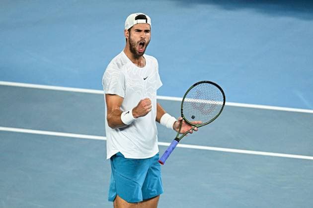 Mandatory Credit: Photo by James Gourley Shutterstock (13729783cc) Karen Khachanov celebrates during his Quarter Final Match Australian Open, Day Nine, Tennis, Melbourne Park, Melbourne, Australia - 24 Jan 2023 Australian Open, Day Nine, Tennis, Melbourne Park, Melbourne, Australia - 24 Jan 2023 Copyright: xJamesxGourley Shutterstockx 13729783cc